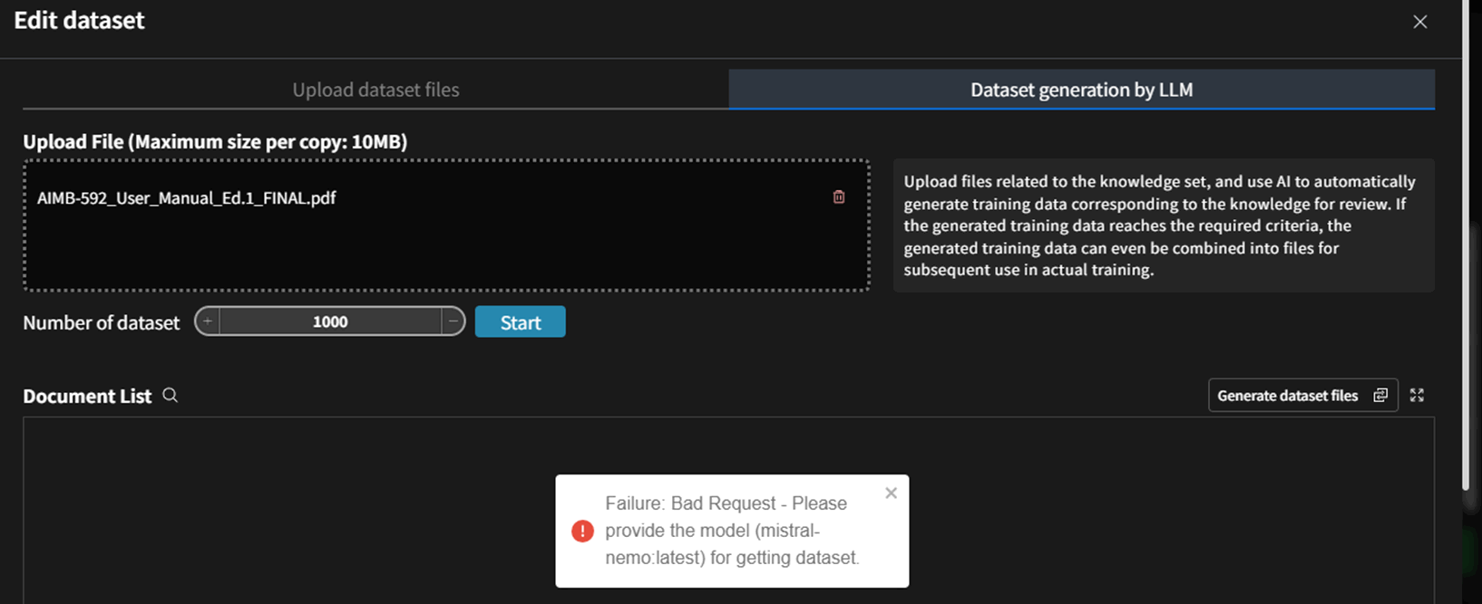 Dataset Generator Error